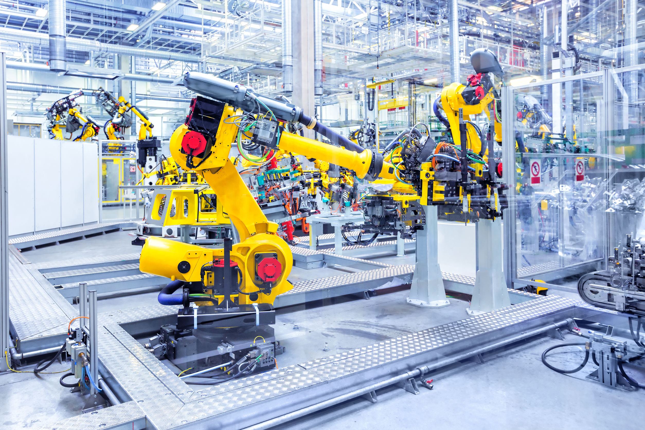 Industrial Automation, PLC, Industrial robots, motions controllers, production line, robotic arms in a car plant