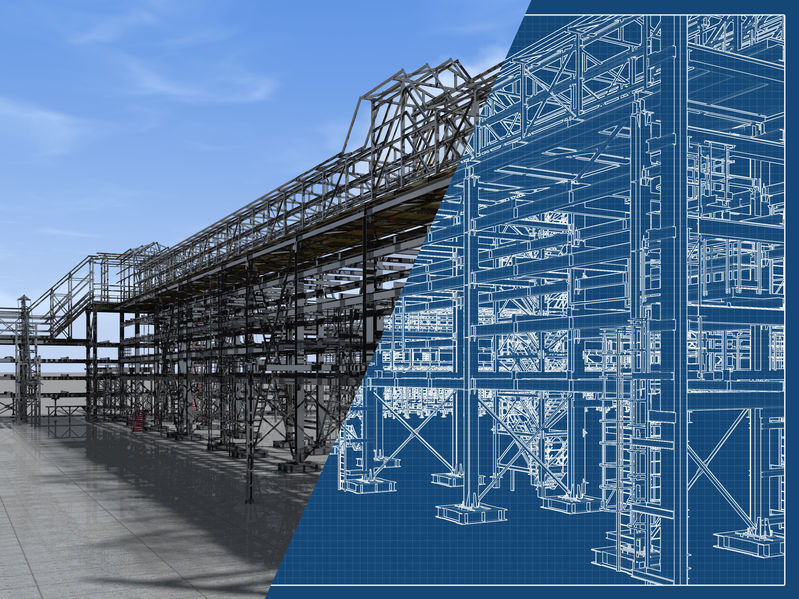 Steel structures design, Shiny overpass for cables, gas and oil pipelines from columns, beams and ties. Architectural, engineering and construction hair dryer. 3D rendering and blueprint.